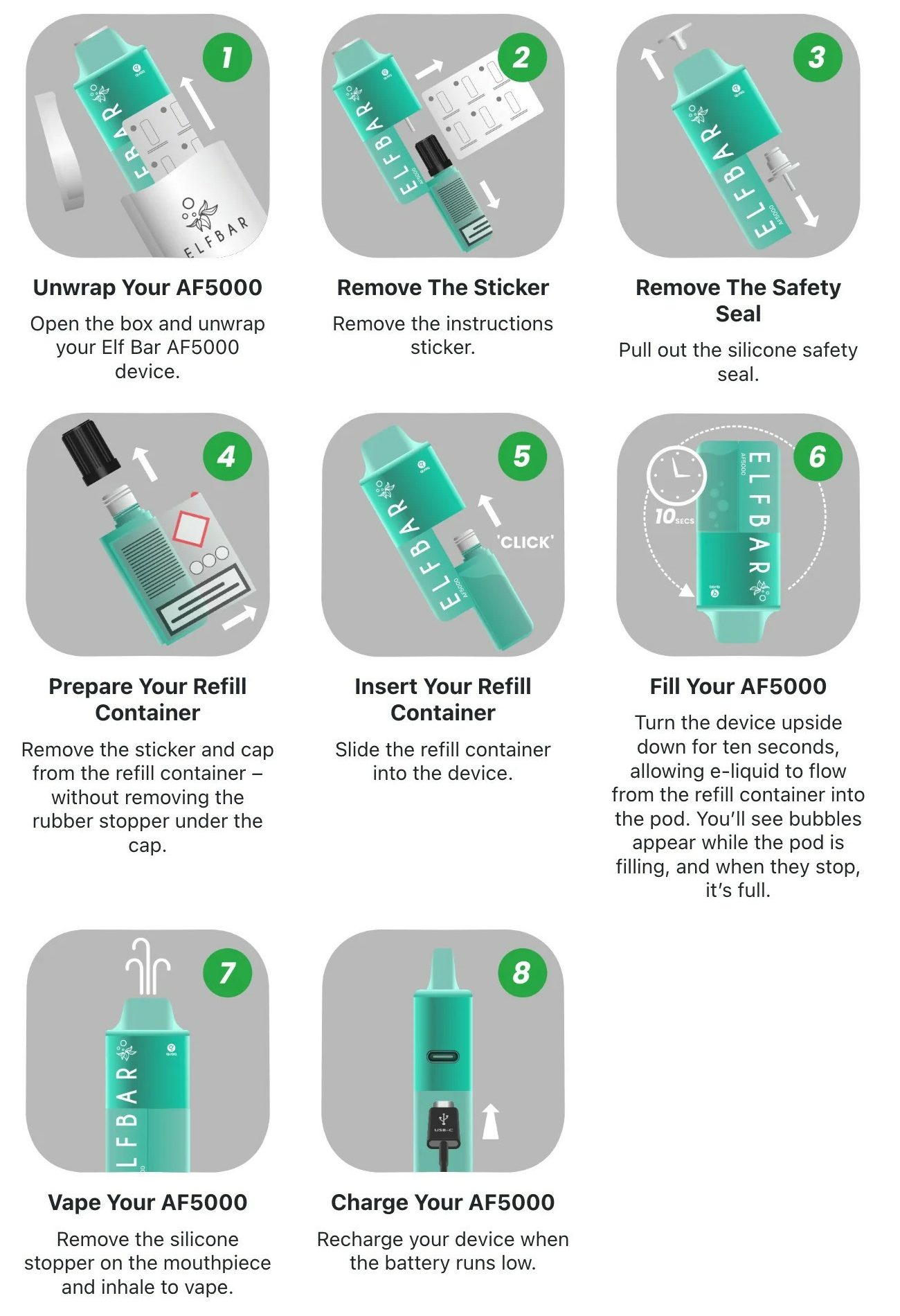 Elfbar AF5000 Set-Up Instructions Graphic